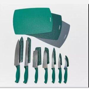 NIB Cooking Light 7-Piece Cutlery Set w/Sheaths & 3 Flexible Cutting Mats Green